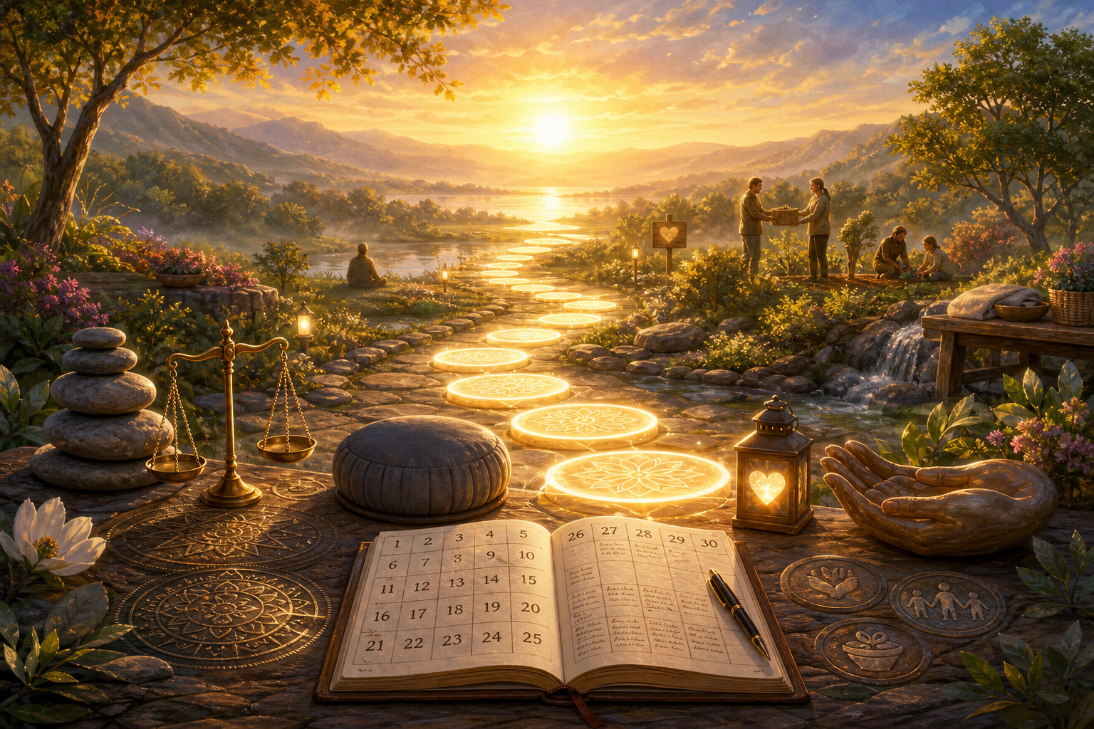 Persona meditando y conectando con los 7 Maestros Ascendidos a través de la luz