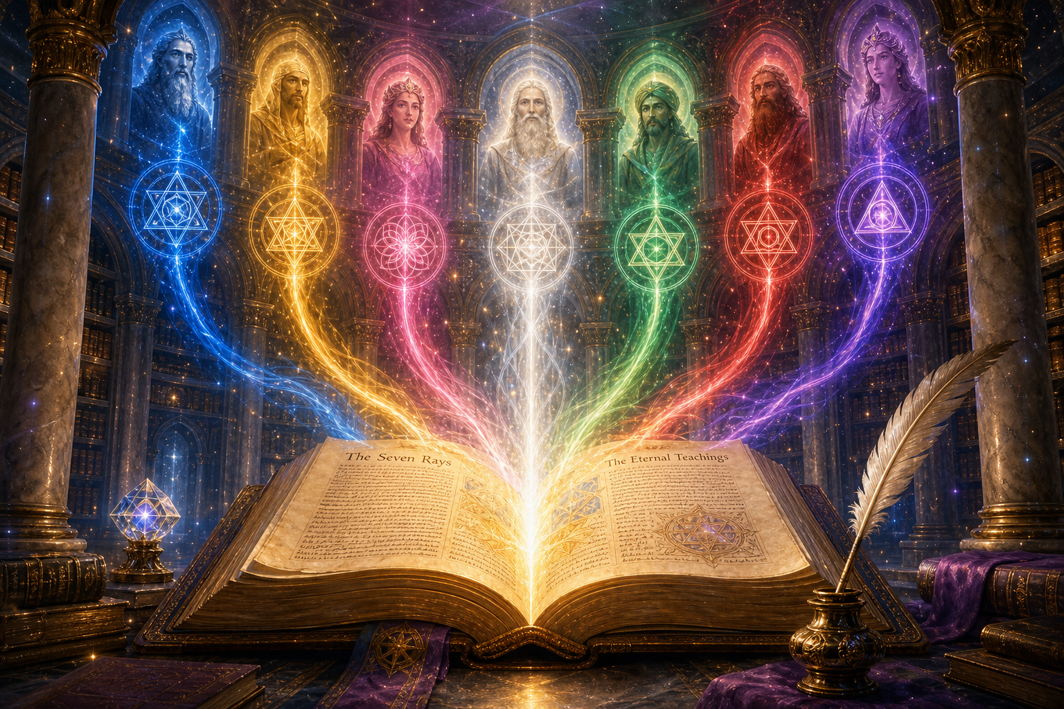 Libro de sabiduría de los 7 Rayos con luz dorada y símbolos espirituales
