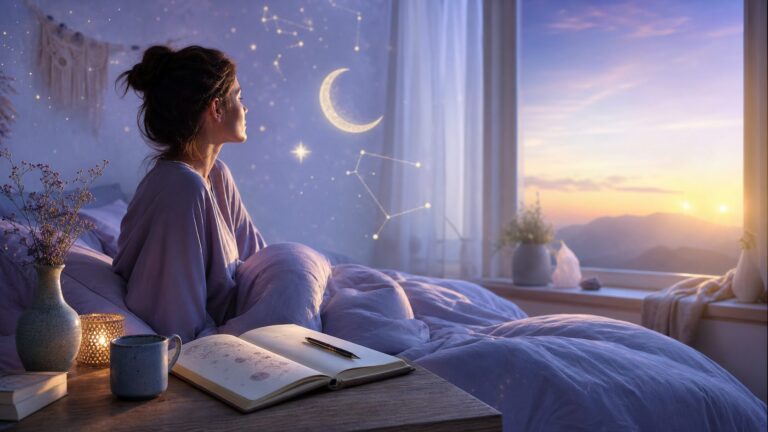 Persona despertando junto a un diario de sueños en una escena contemplativa al amanecer