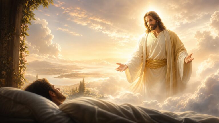 Jesucristo luminoso apareciendo en un sueño con atmósfera serena y sagrada