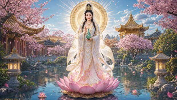 Kwan Yin Maestra Ascendida de la Misericordia sobre loto celestial con halo dorado y compasión serena