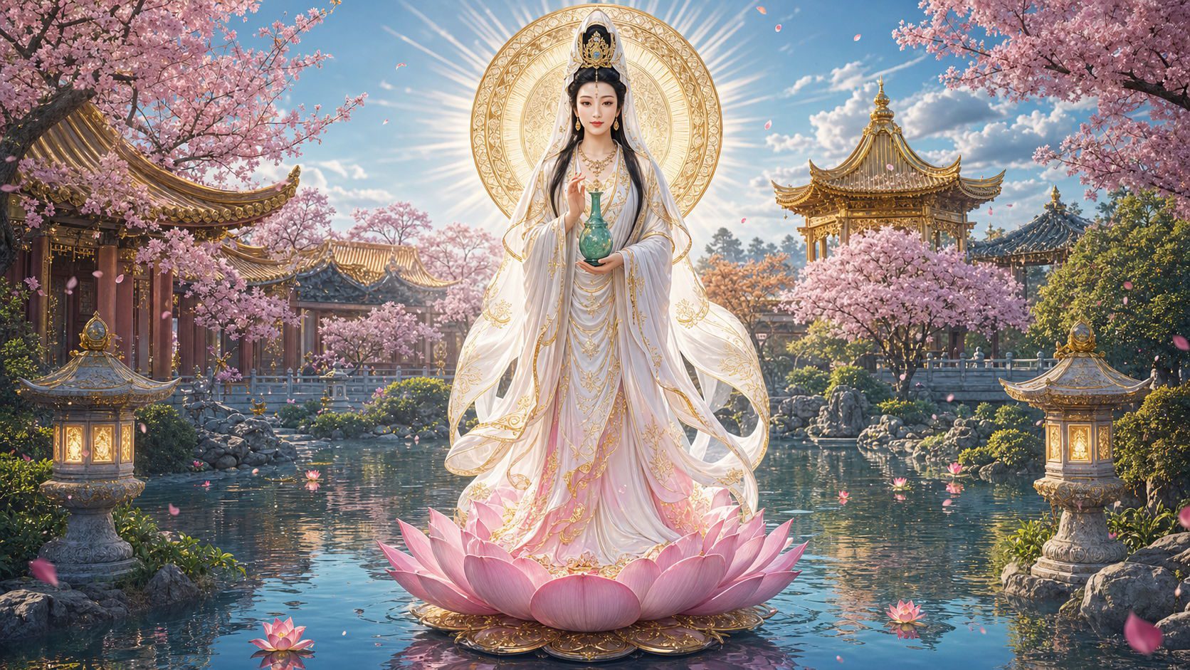 Kwan Yin Maestra Ascendida de la Misericordia sobre loto celestial con halo dorado y compasión serena