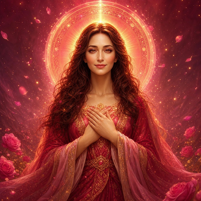 Lady Nada en el Templo de las Rosas irradiando devoción y compasión del Sexto Rayo Oro-Rubí