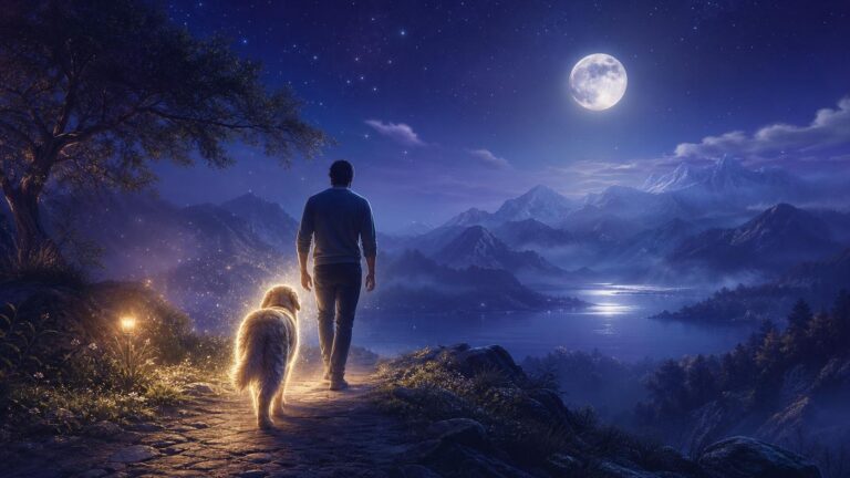 Perro luminoso guiando un camino nocturno en un sueño espiritual
