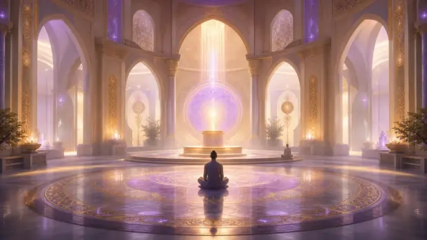 Espacio de meditación en tonos lila y dorado que sugiere contemplación y sensibilidad sutil