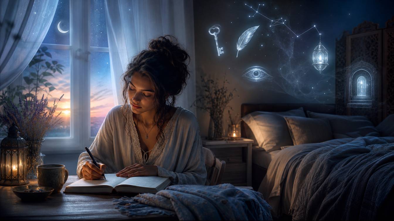 Diario de sueños al amanecer con símbolos oníricos y luz suave
