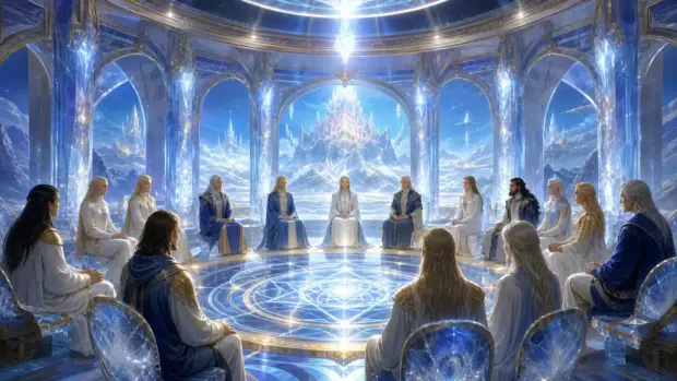 Consejo Lemuriano de la Luz en un templo cristalino de Telos