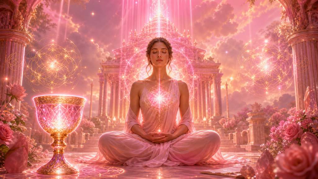 Tercer Rayo Rosa de amor divino, belleza y creatividad luminosa con geometría sagrada