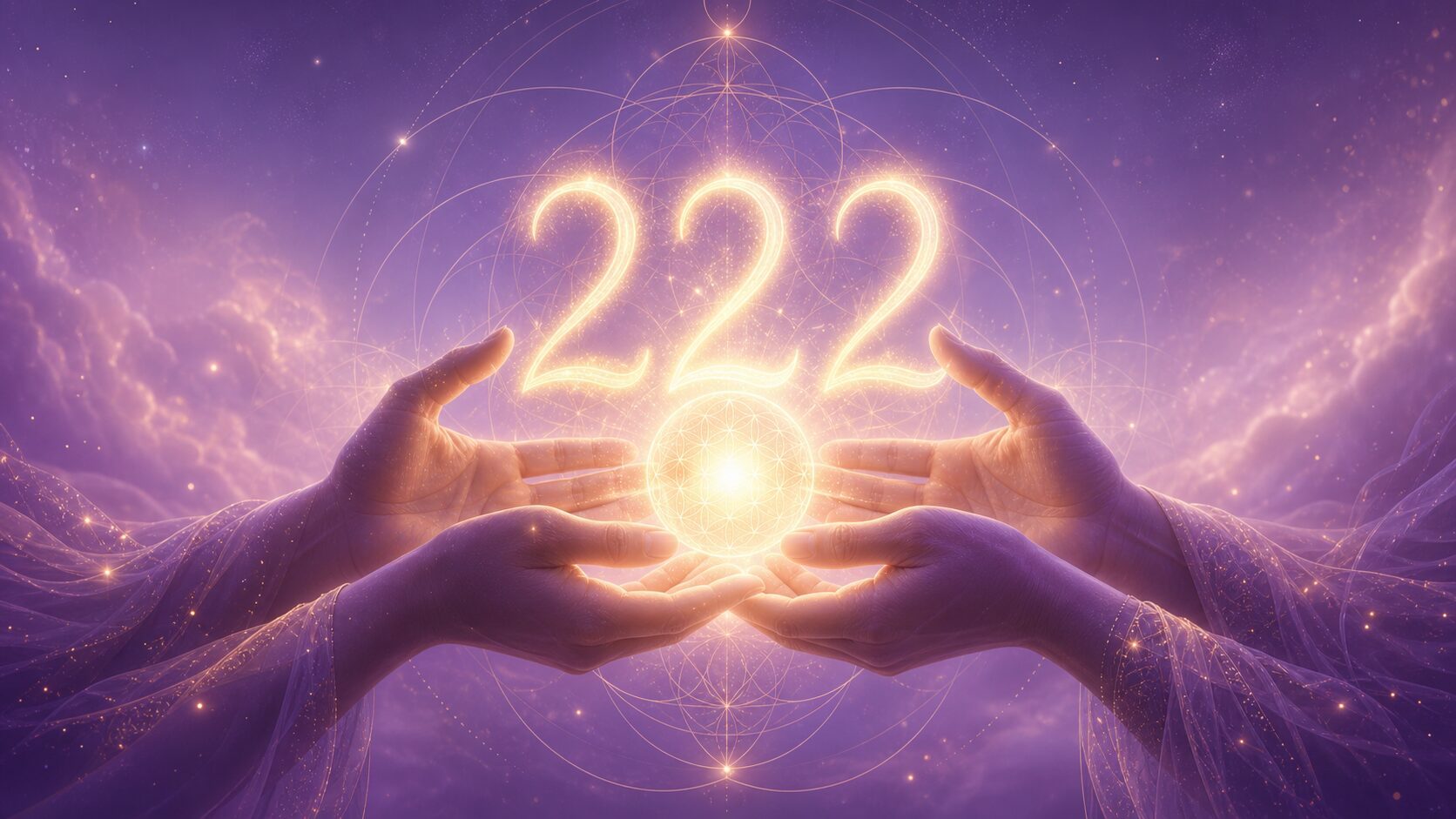 El número 222 con luz violeta y manos que sostienen una esfera de luz, simbolizando equilibrio y cooperación