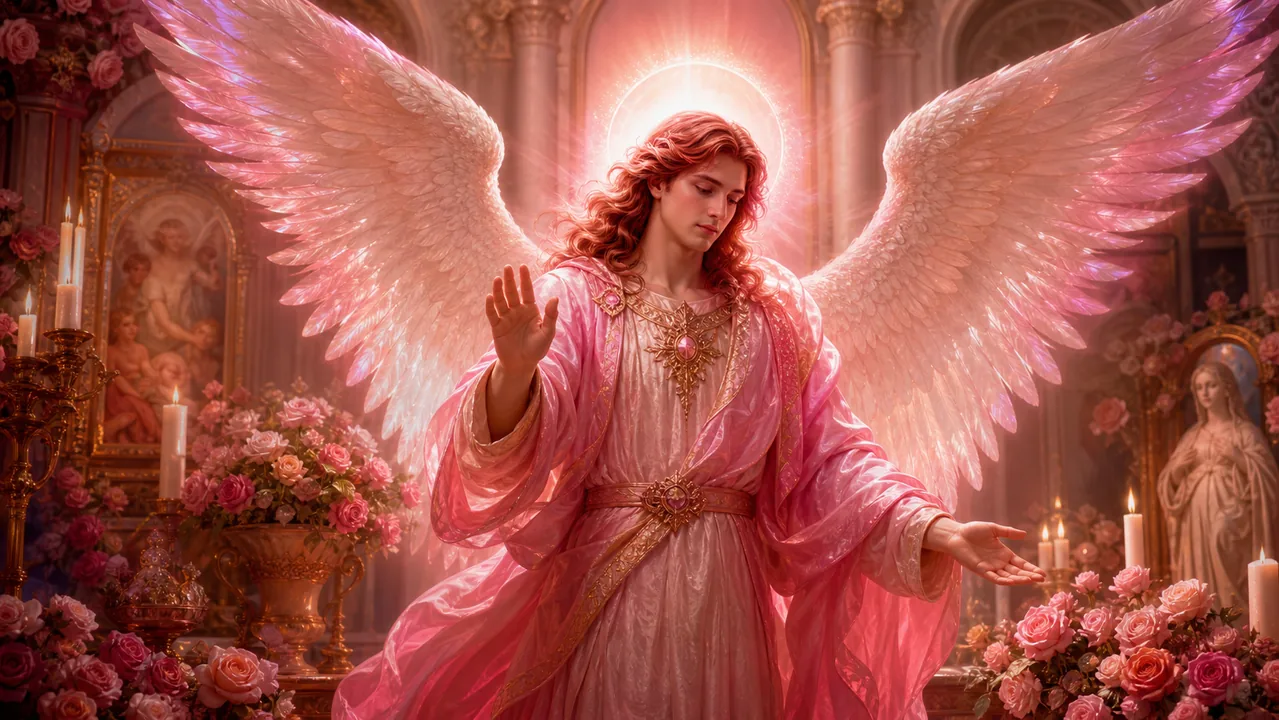 Arcángel Anael irradiando luz rosa sobre un espacio de belleza con rosas