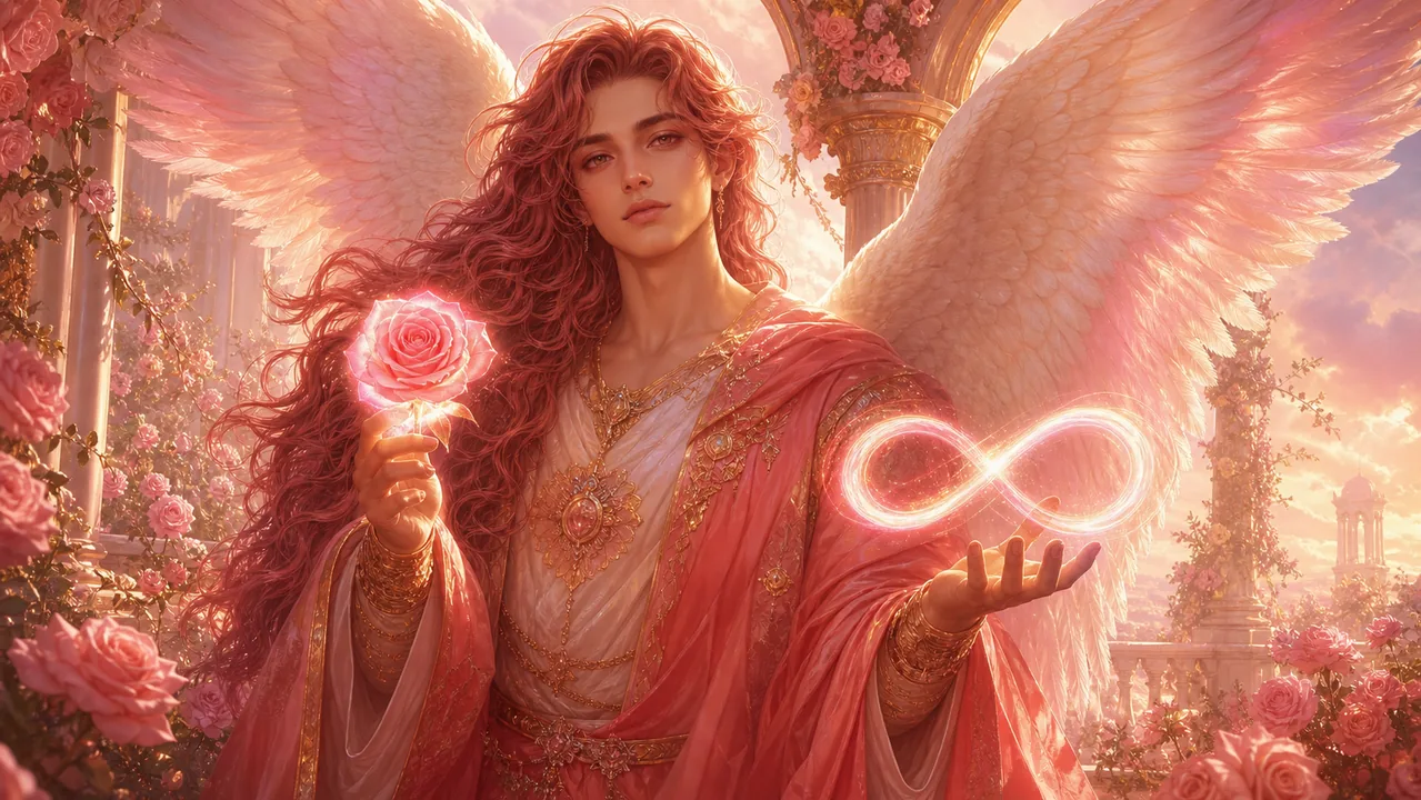 Arcángel Anael con rosa de luz y lemniscata sagrada
