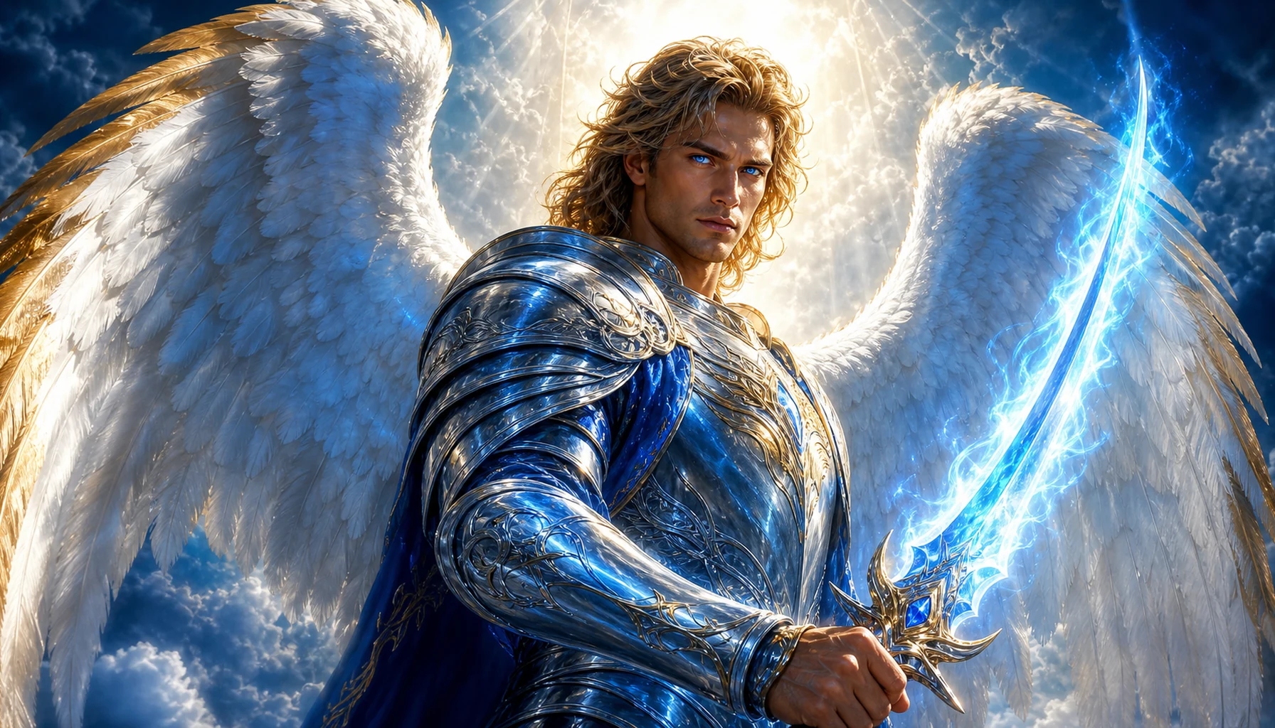 Arcángel Miguel con espada azul, armadura y presencia protectora