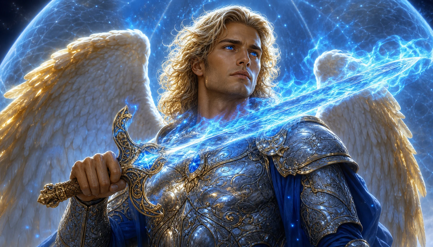 Arcángel Miguel con espada de llama azul y armadura protectora