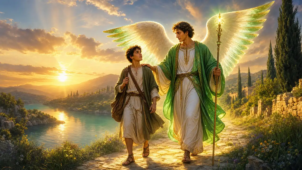 Arcángel Rafael acompañando a un viajero en un camino sagrado al atardecer