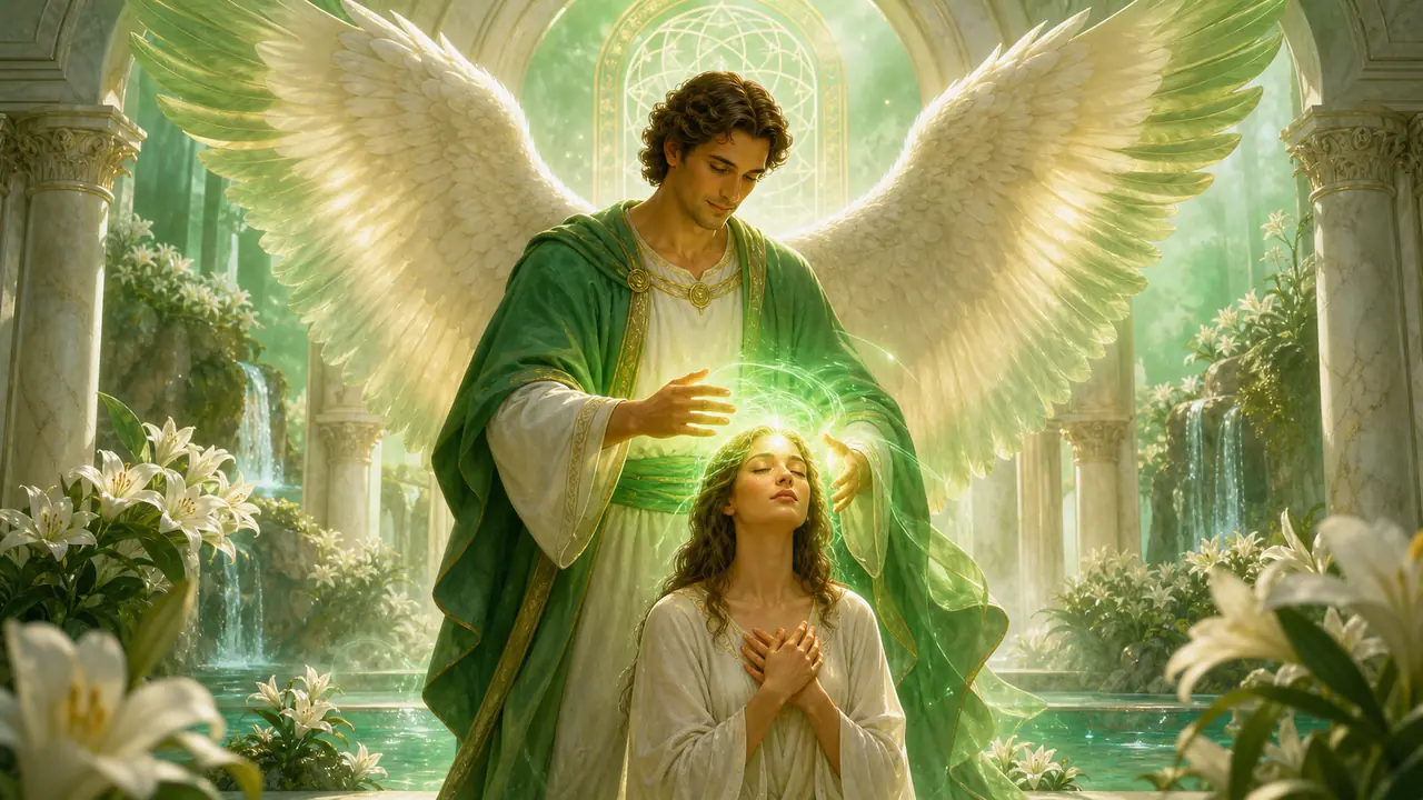 Arcángel Rafael irradiando luz verde esmeralda de sanación sobre un buscador espiritual