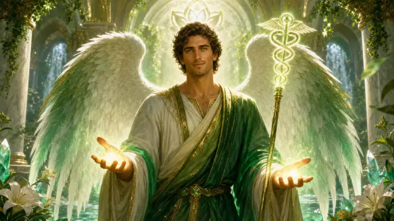 Arcángel Rafael con aura verde esmeralda y alas blancas en un templo de sanación