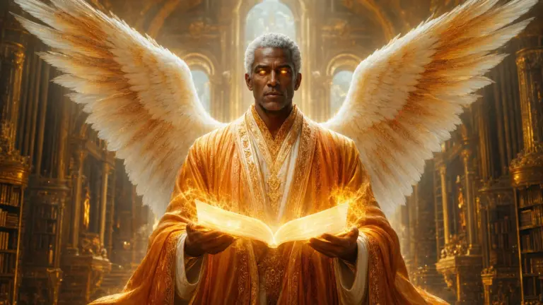 Arcángel Uriel frontal con libro luminoso, alas blancas y fuego dorado en un templo celeste