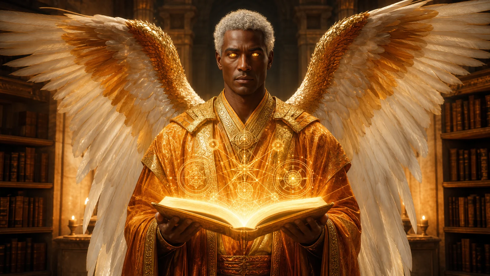 Arcángel Uriel con libro de sabiduría y fuego dorado