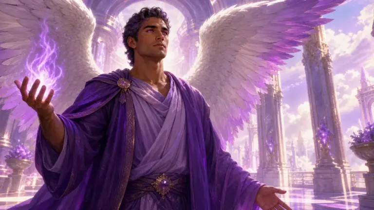 Arcángel Zadquiel con la llama violeta en una escena espiritual de transmutación y misericordia