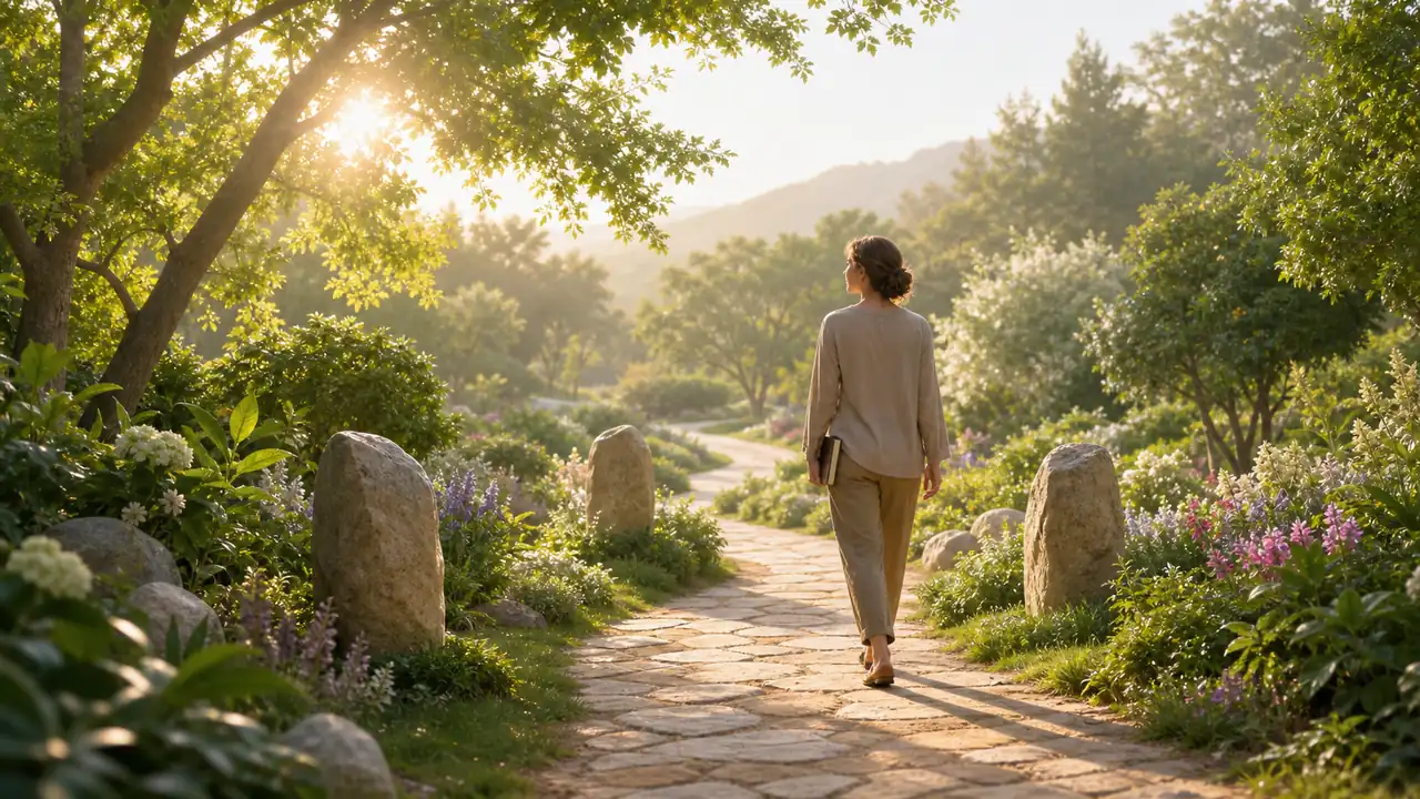 Persona camina por un jardín luminoso con un cuaderno como símbolo de intención y acción