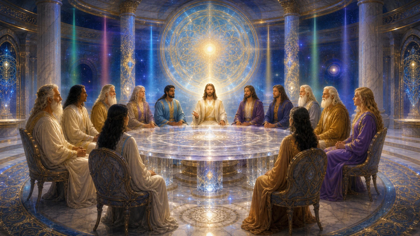 Concilio de la Jerarquía Espiritual ante una mesa de cristal y geometría sagrada