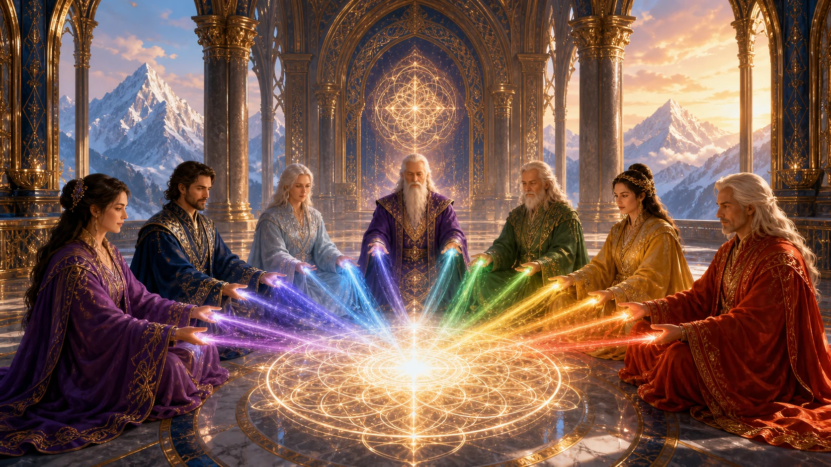 Siete Maestros y Maestras reunidos ante un mandala de los rayos