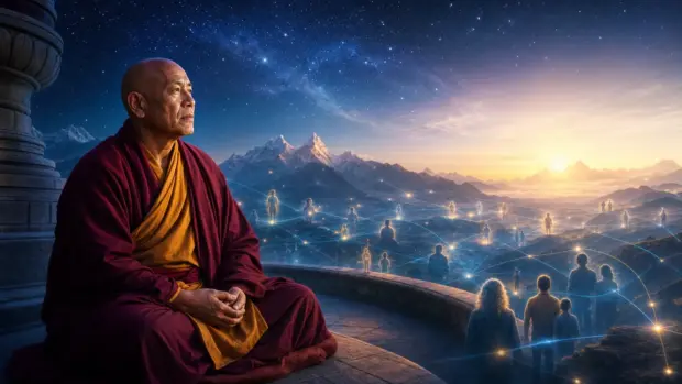 Djwhal Khul medita ante una red luminosa que conecta la conciencia humana y el cielo