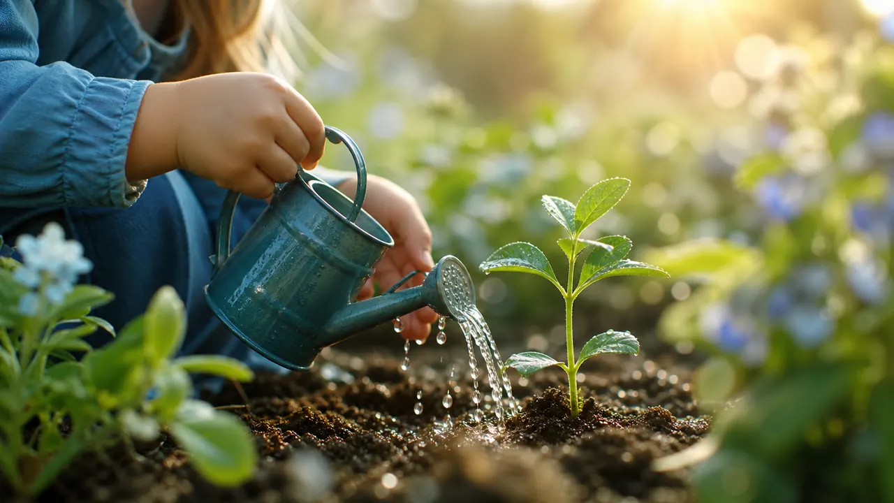 Manos infantiles riegan una planta joven en un jardín soleado como símbolo de cuidado emocional