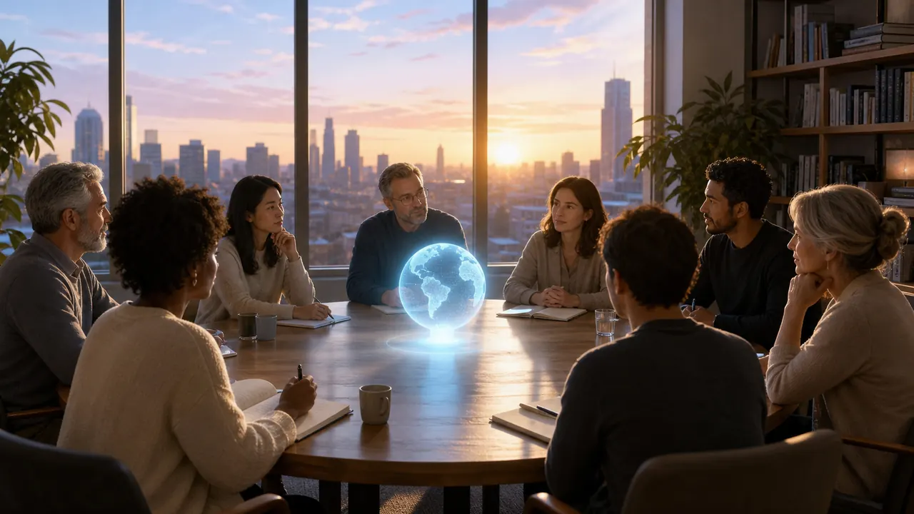 Grupo diverso dialoga en torno a una esfera azul de luz y conocimiento compartido