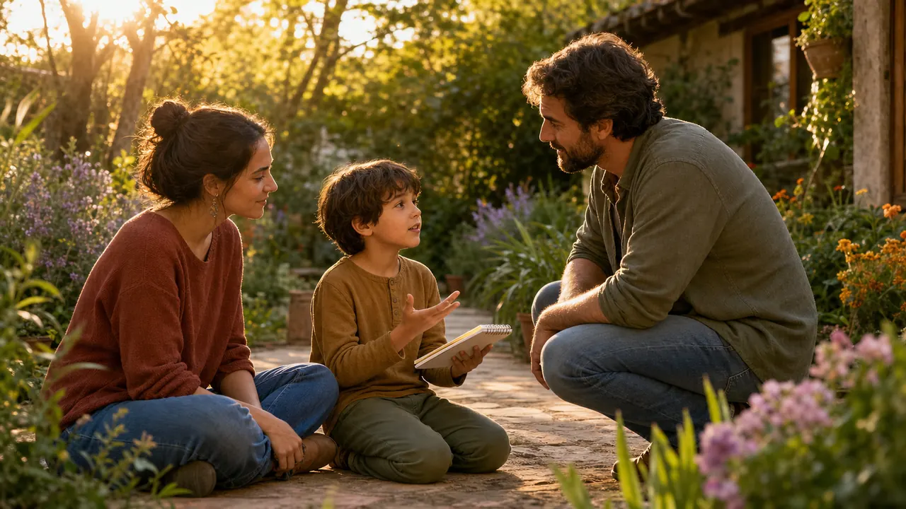 Adultos escuchan con atención y calma a un niño en un jardín luminoso y natural