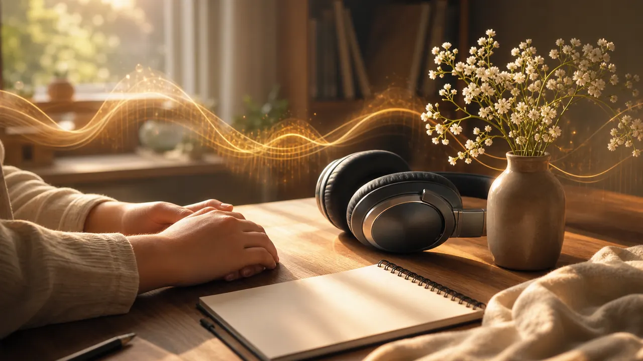 Manos junto a auriculares y cuaderno en un escritorio iluminado por la mañana