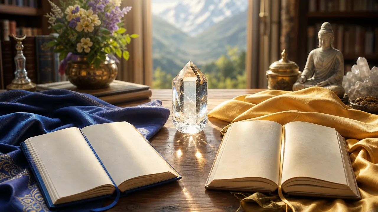 Libros abiertos junto a telas azul y dorada como símbolos de Morya y Kuthumi
