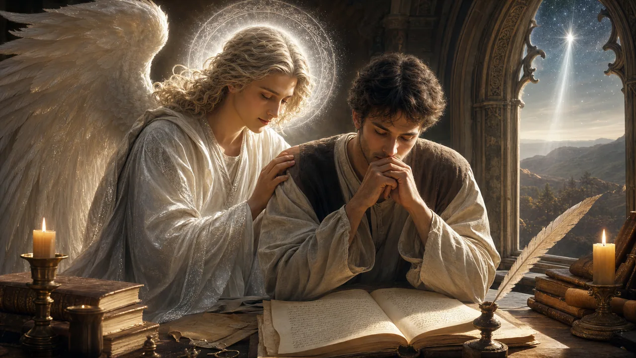 Arcángel Gabriel acompañando a una figura humana en oración y escritura contemplativa