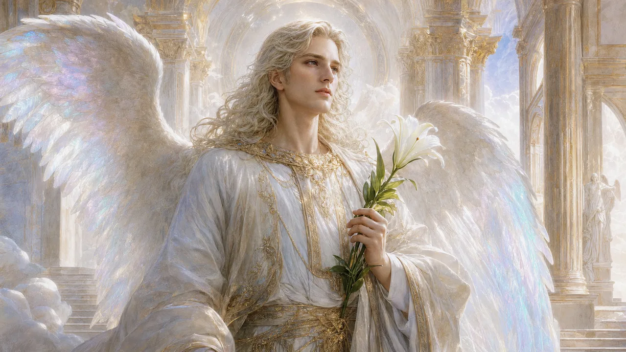 Arcángel Gabriel sosteniendo un lirio de luz frente a columnas celestiales