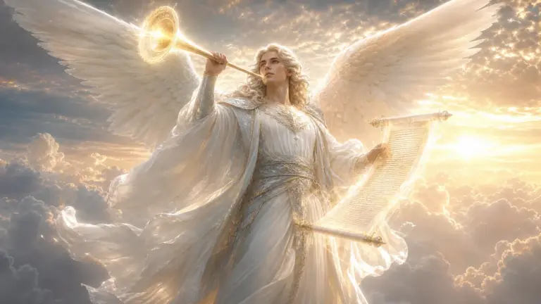 Arcángel Gabriel con trompeta de luz y rollo luminoso, atmósfera de anuncio y claridad verbal