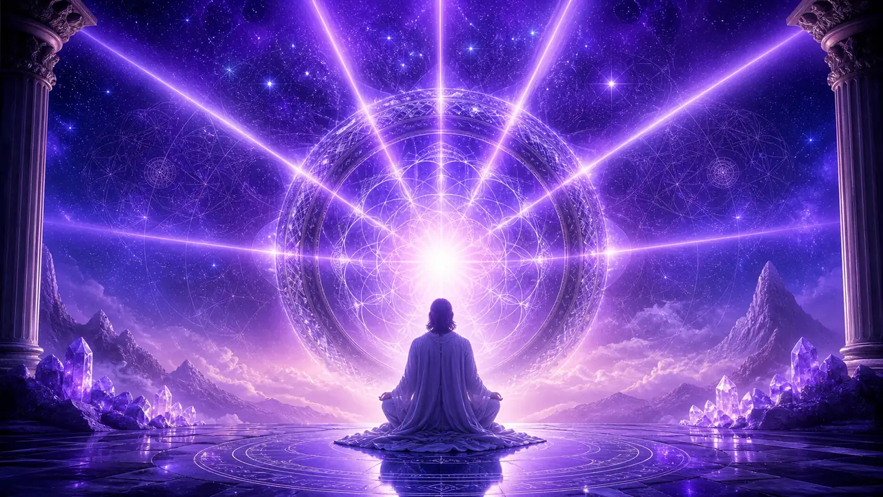 770 significado espiritual con figura meditativa, luz violeta y geometría sagrada