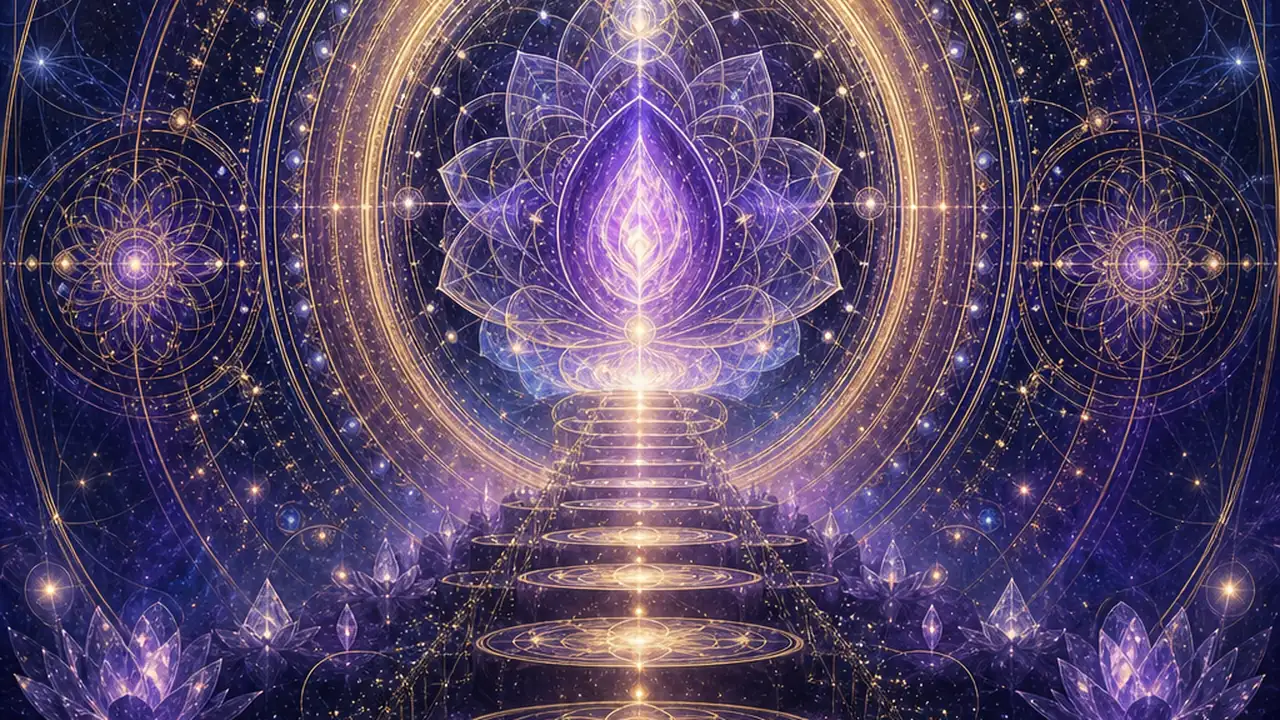 simbolismo del 770 con patrones celestiales, luz dorada y mandala espiritual