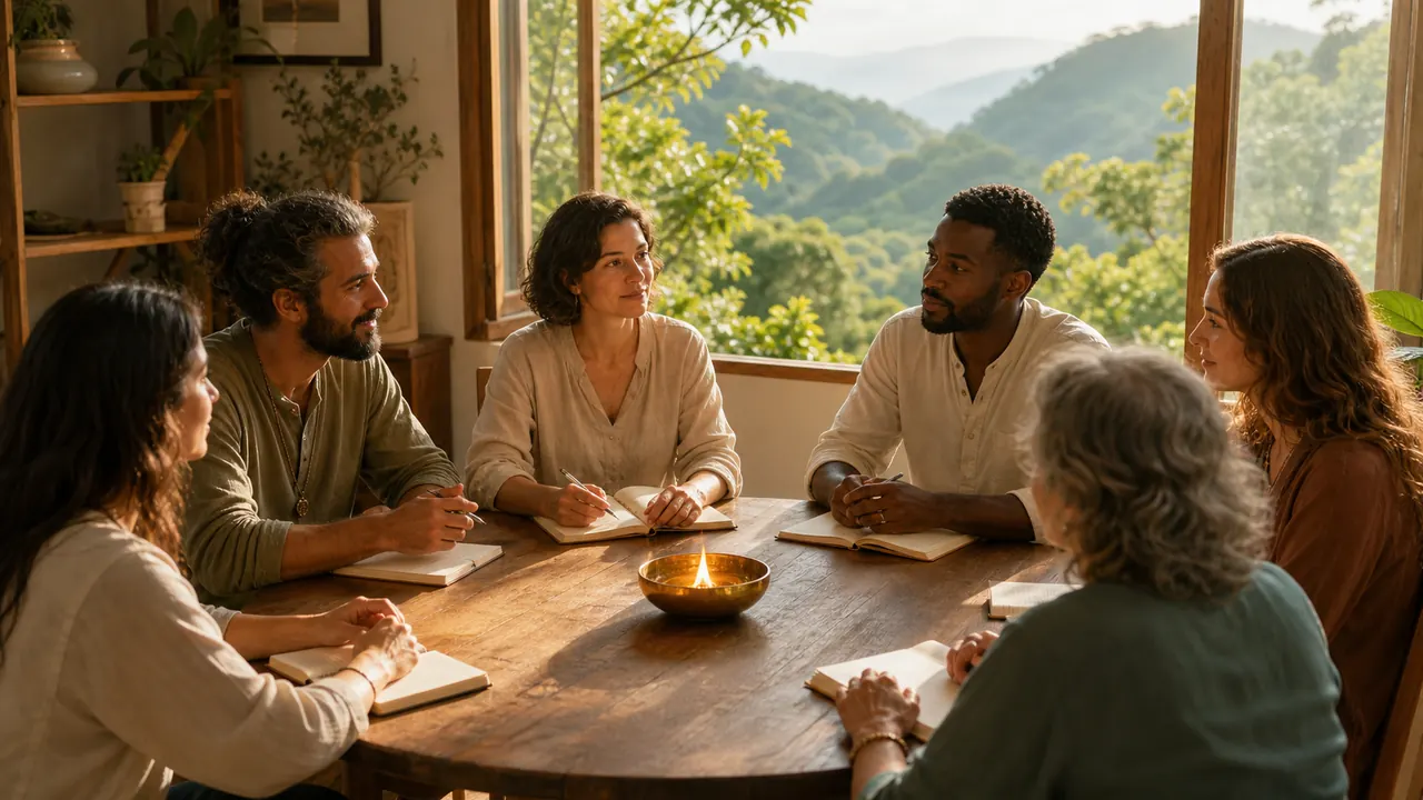 Grupo diverso reunido para estudiar, escuchar y cultivar una intención de servicio consciente compartido
