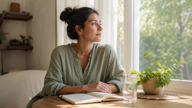Persona reflexionando junto a una ventana sobre higiene energética, límites personales y bienestar espiritual