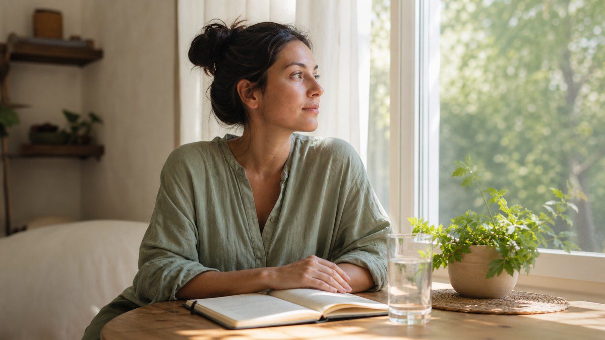 Persona reflexionando junto a una ventana sobre higiene energética, límites personales y bienestar espiritual