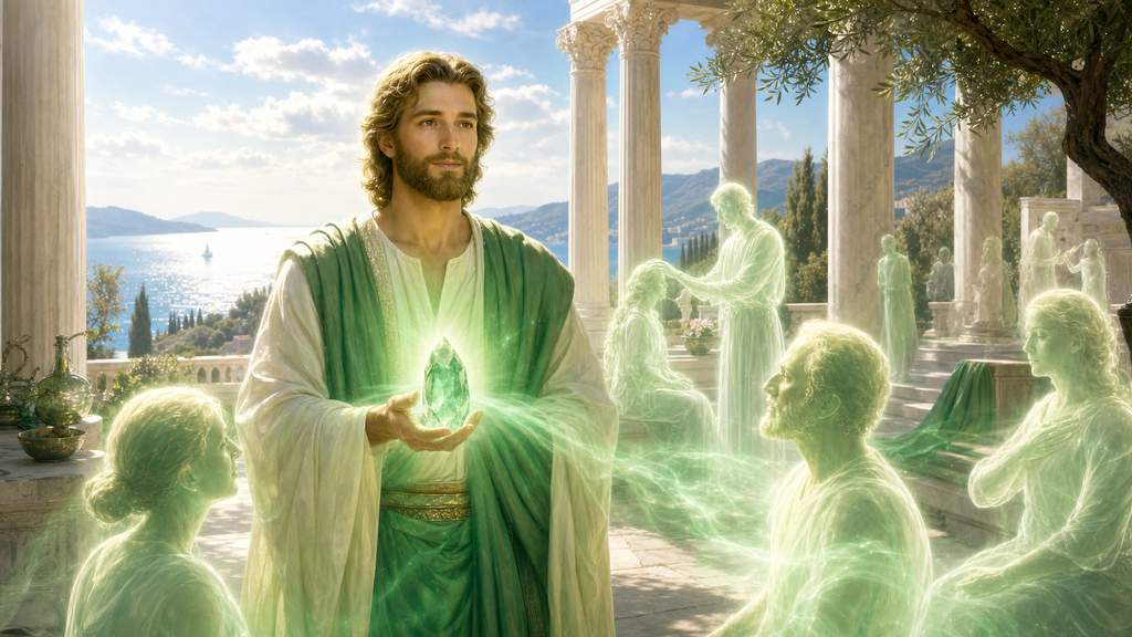 Maestro Hilarión Chohan del Quinto Rayo Verde en templo griego de sanación y verdad