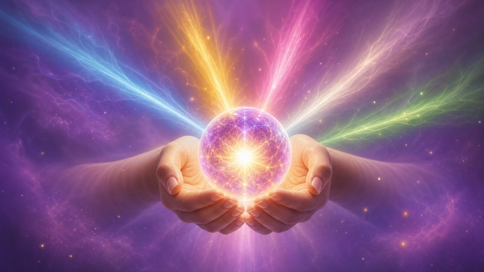 Manos sosteniendo una esfera de luz violeta y dorada, rayos de colores representando los siete rayos de los Maestros Ascendidos