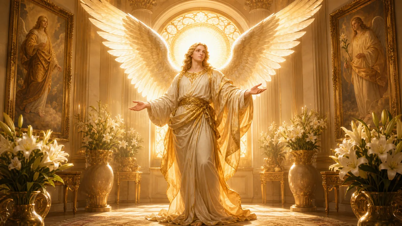 Arcángel Jofiel irradiando luz dorada sobre un espacio ordenado con flores y arte sacro