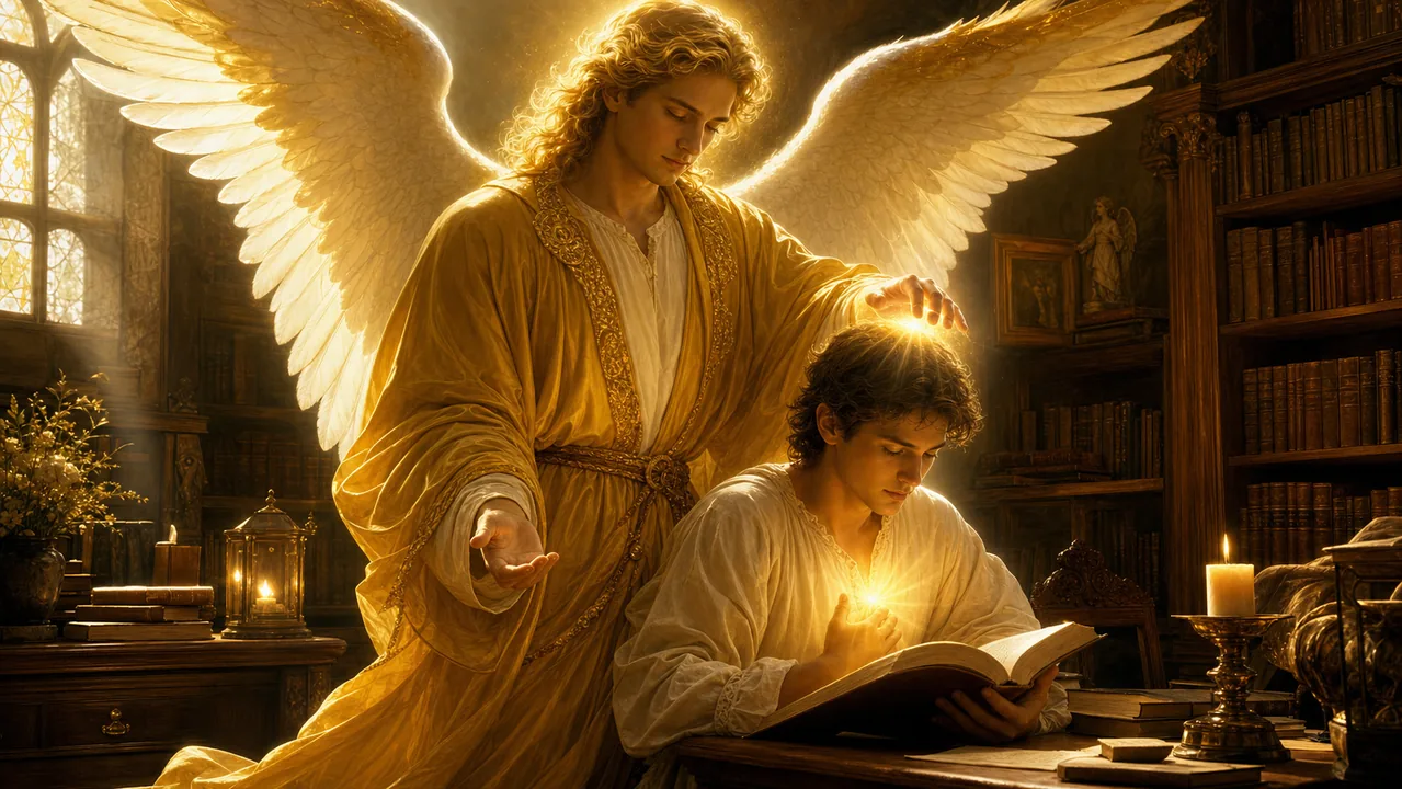 Arcángel Jofiel acompañando a una persona en lectura y meditación con luz dorada