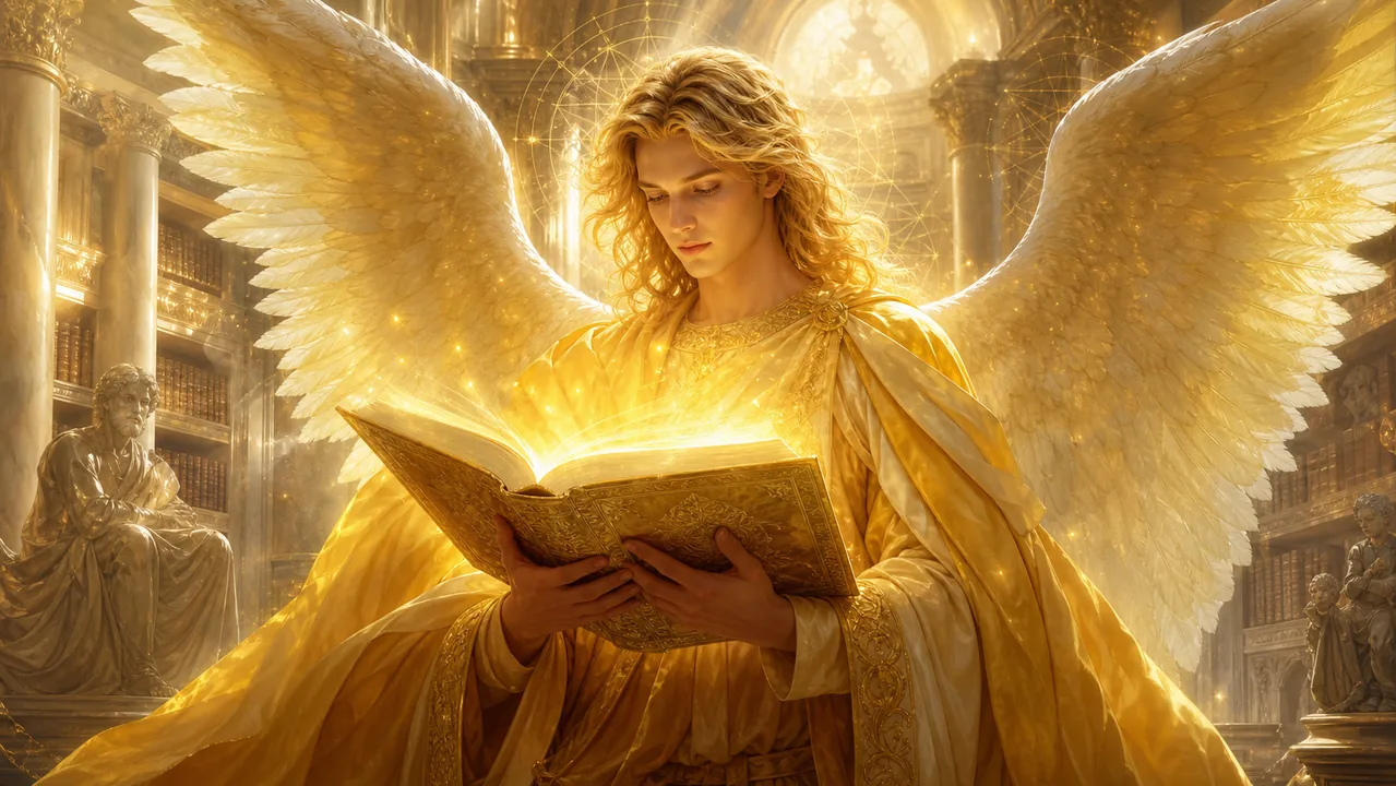 Arcángel Jofiel con libro de sabiduría dorada y columnas clásicas de templo-biblioteca