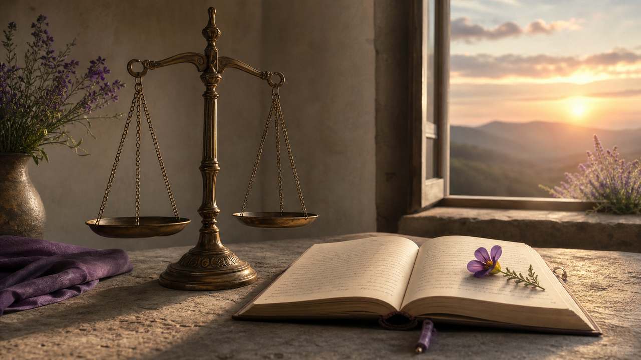 Balanza equilibrada junto a un cuaderno y una flor violeta al amanecer