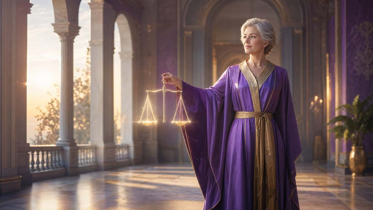 Lady Portia con balanza de luz, símbolo de justicia, equilibrio y oportunidad