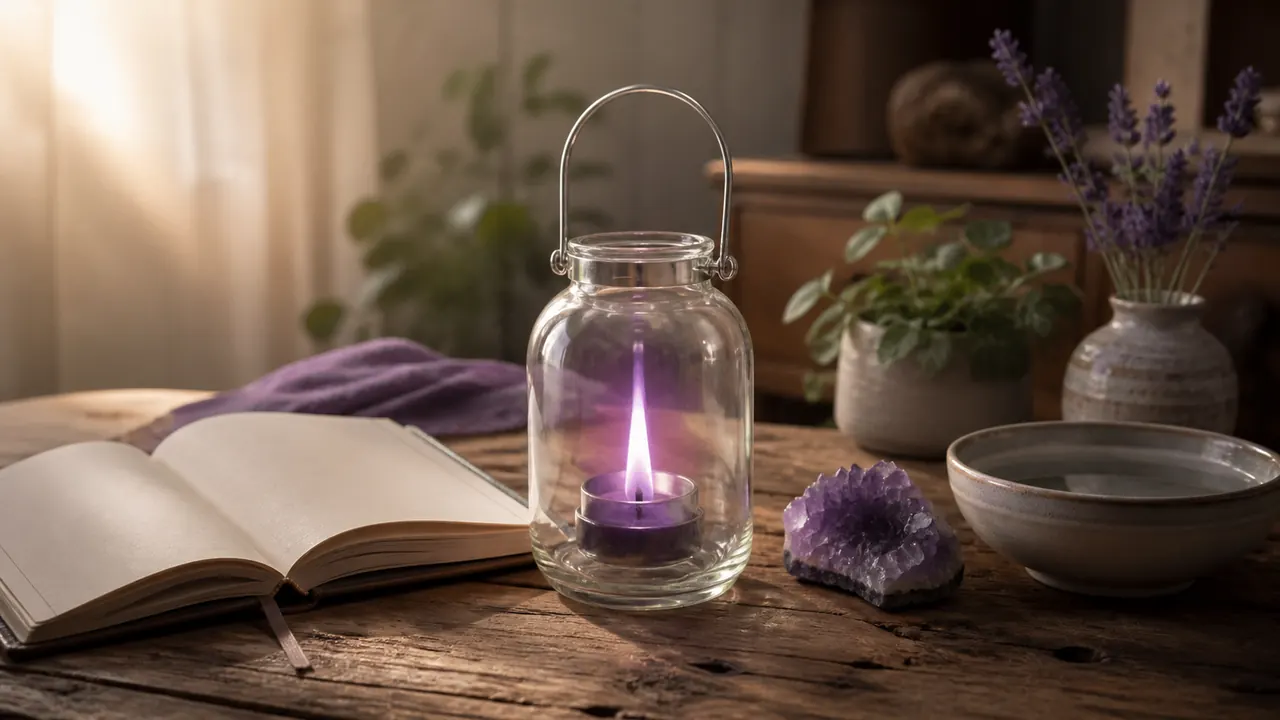 Lámpara con llama violeta, amatista y diario de reflexión