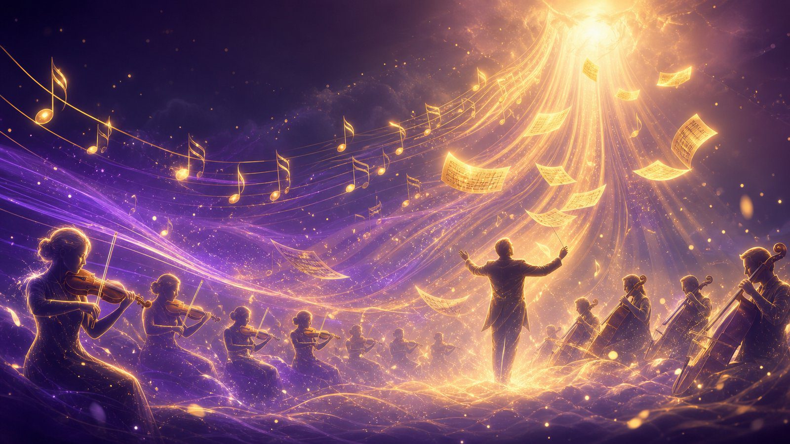 Notas musicales transformándose en haces de luz, música espiritual de las llaves tonales de los Maestros Ascendidos