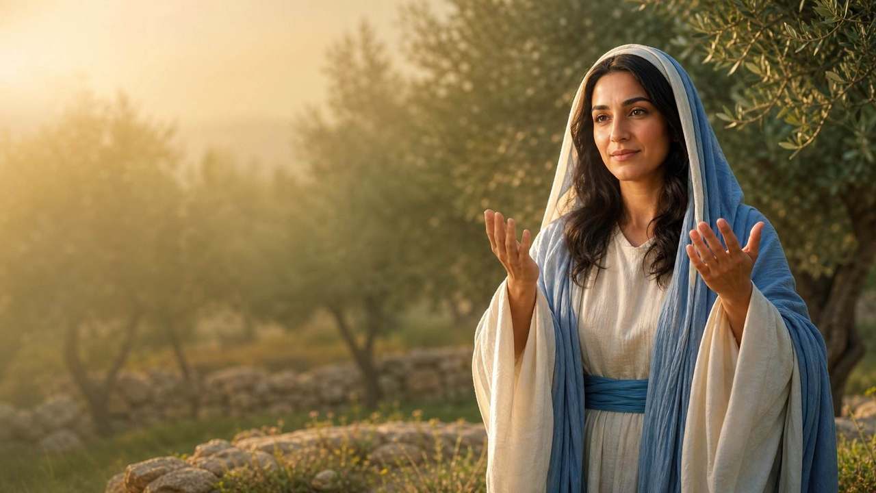 Madre María en un jardín de olivos al amanecer